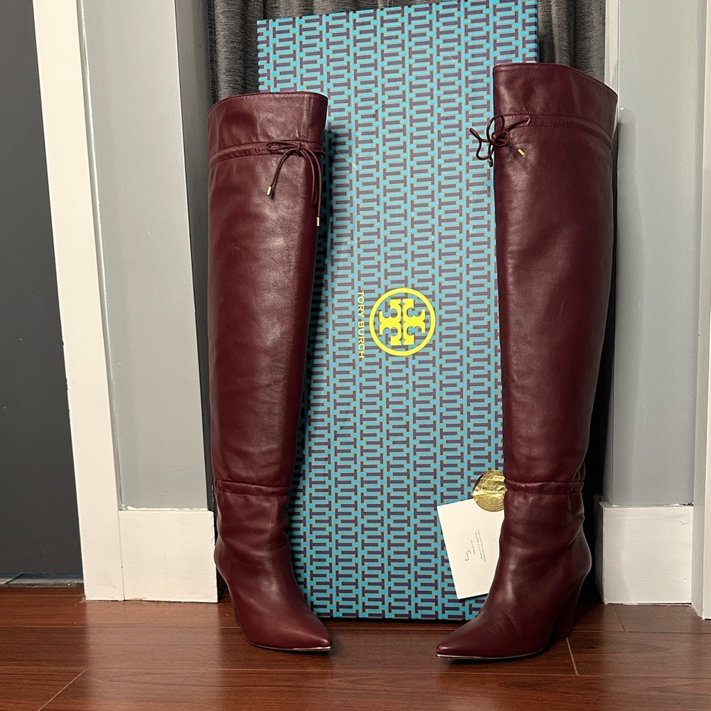 Tory Burch Burgundy Over-the-Knee Leather Boots